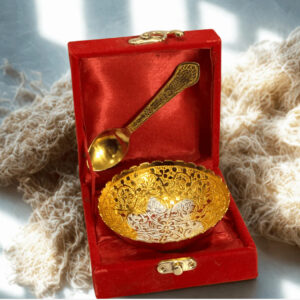 Gold & Silver Plated Bowl with Spoon | Decorative Gift Set in Velvet Box