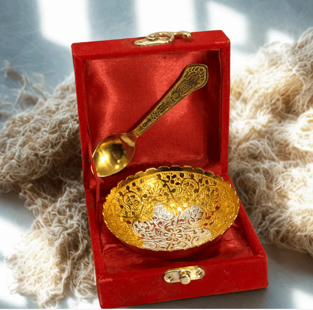 Gold & Silver Plated Bowl with Spoon | Decorative Gift Set in Velvet Box Gold & Silver Plated Bowl with Spoon | Decorative Gift Set in Velvet Box