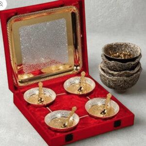 German Silver & Gold Plated Flower Design Four Bowl Set with Tray & Spoons