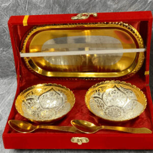 German Silver and Gold Plated flower Design Two Bowl Set with Tray & Spoons 