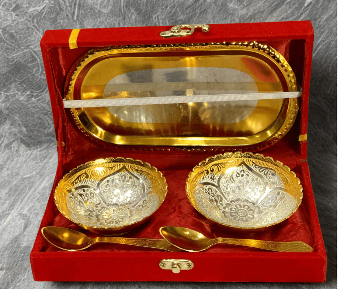 German Silver and Gold Plated flower Design Two Bowl Set with Tray & Spoons German Silver and Gold Plated flower Design Two Bowl Set with Tray & Spoons