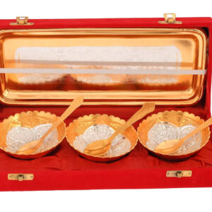 German Silver & Gold Plated Flower Design Three Bowl Set with Tray & Spoons