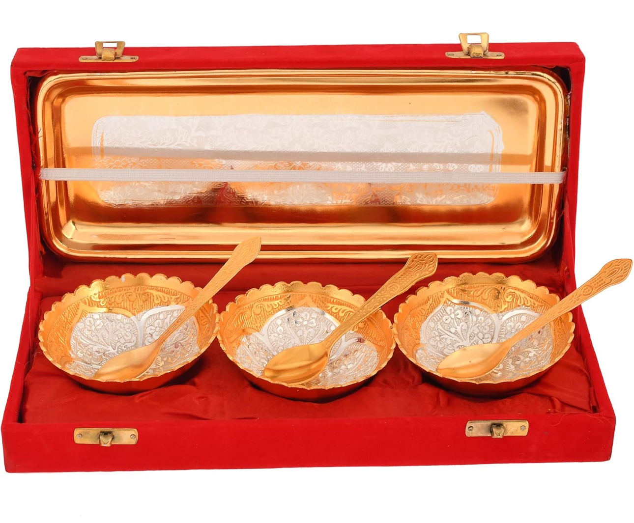 German Silver & Gold Plated Flower Design Three Bowl Set with Tray & Spoons German Silver & Gold Plated Flower Design Three Bowl Set with Tray & Spoons